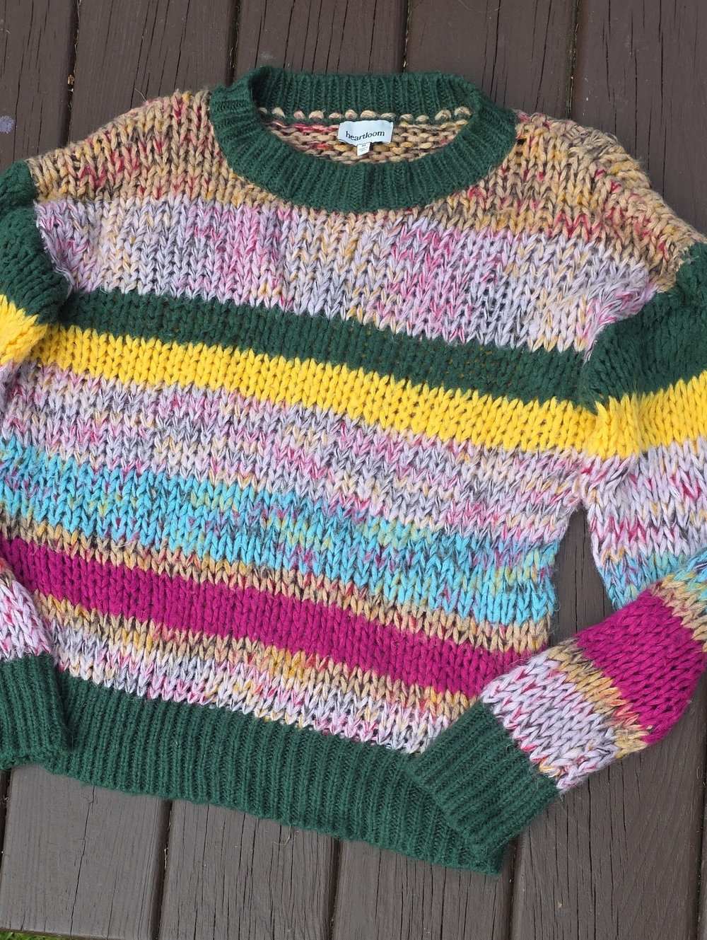 Anthro × Heartloom Striped Crewneck Sweater with Green Trim, Size Medium